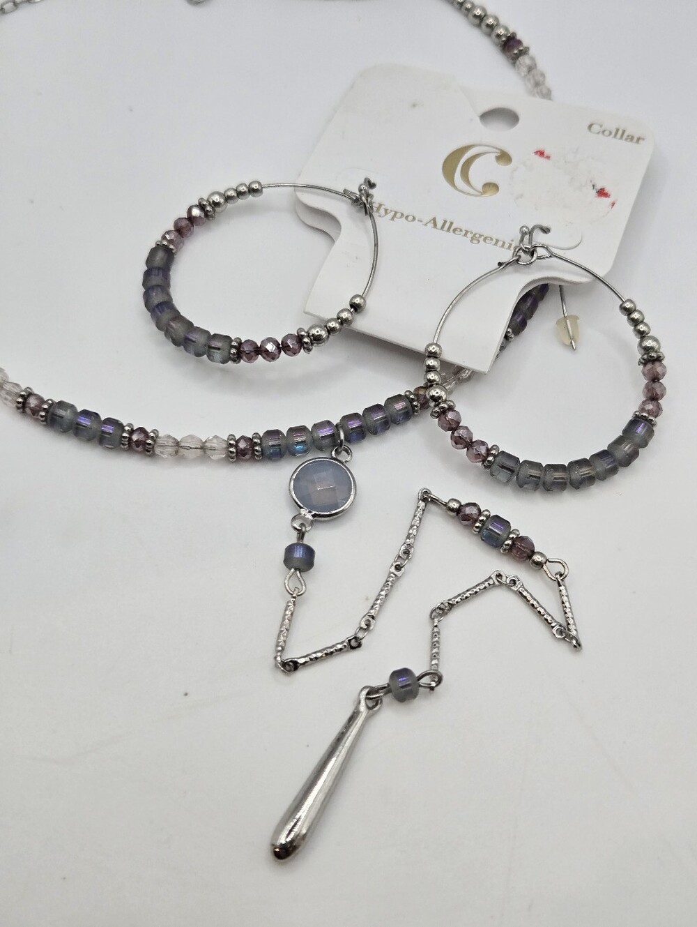 Y2k Torque Choker Necklace Beaded Beachy Boho Mermaid AB Purple Earring SET
